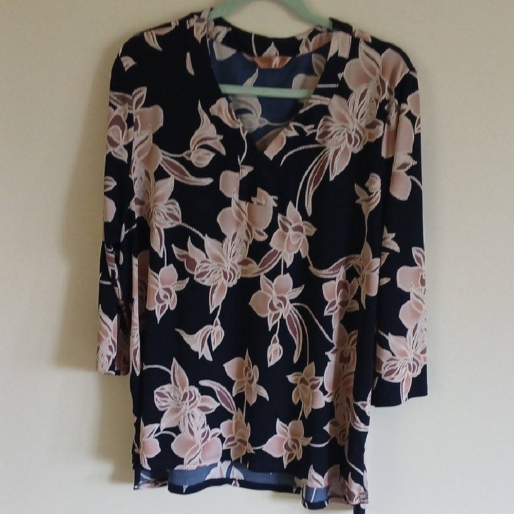 SJS Navy Floral Blouse 3/4 Sleeves Sz 2x